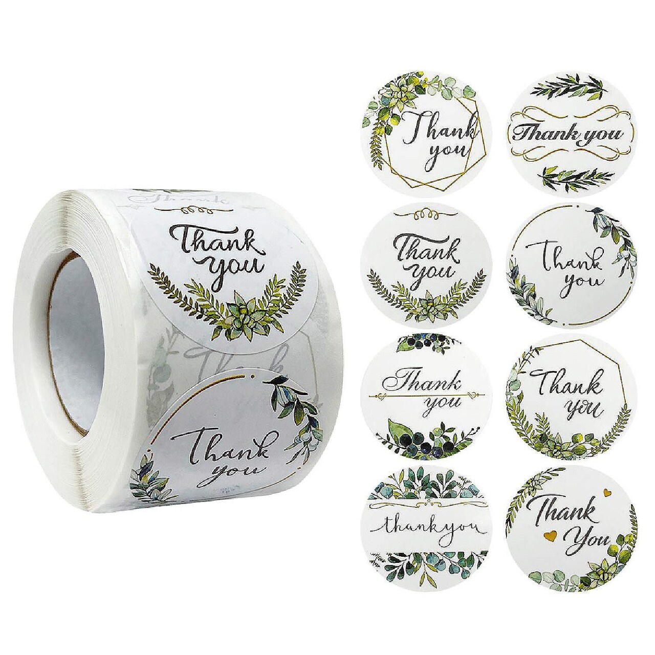 Wrapables Thank You Stickers Roll 1.5" Sealing Stickers & Labels 500 Pc Greenery Design